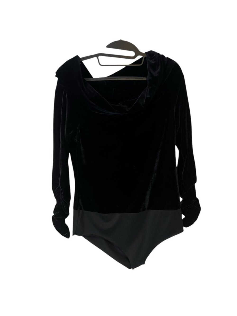 Bodysuit Blouse Womens Large Black Cowl Neckline Over The Shoulder Faux Velvet